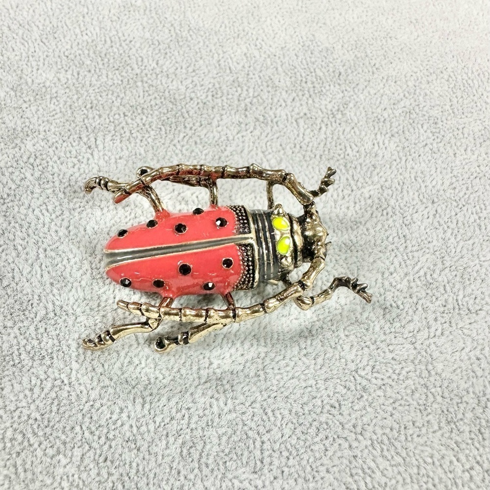 Red Crystal Enamel Longhorn Beetle Scarab Gold Tone Brooch Pin